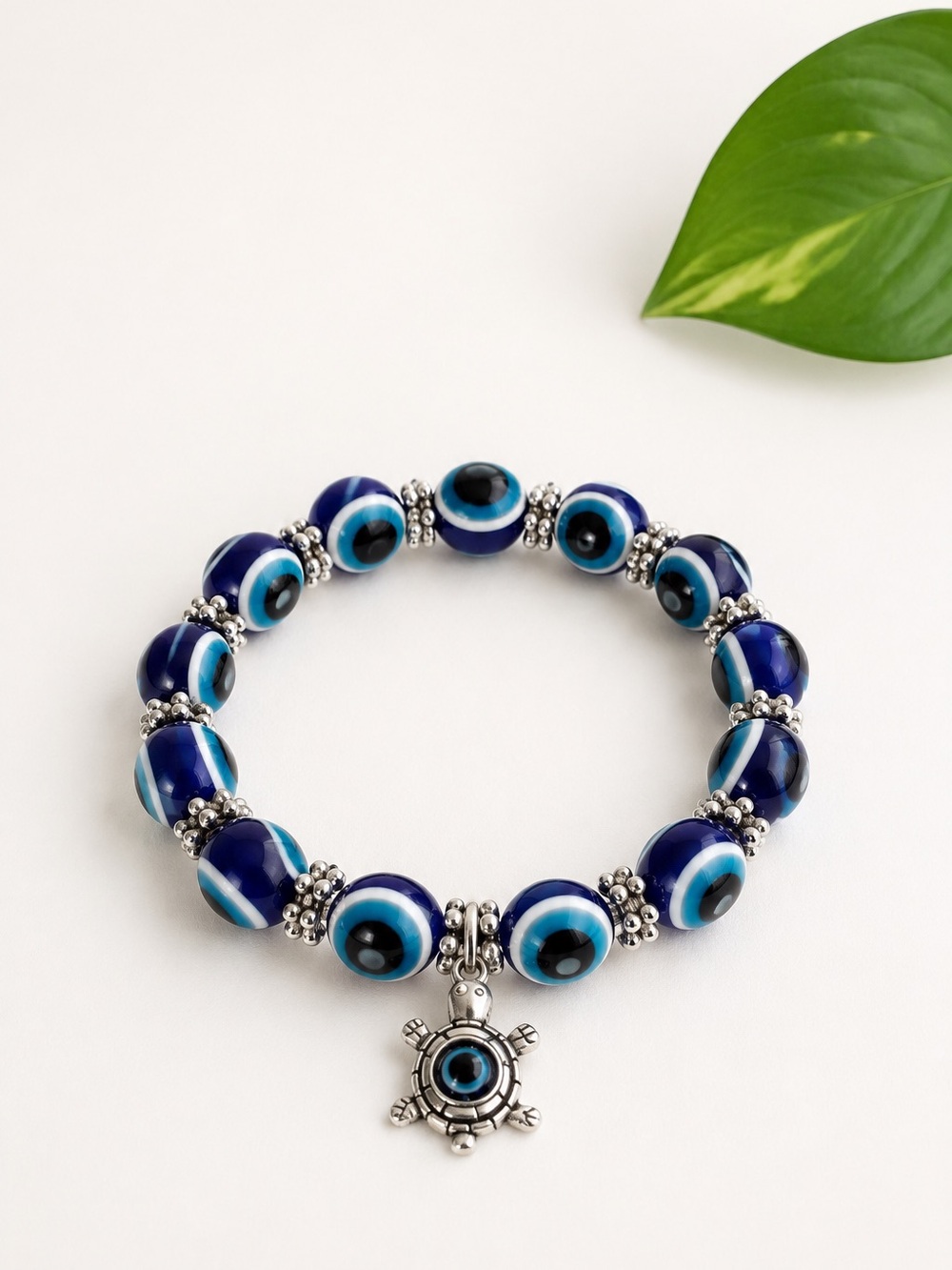 Navy Blue Evil Eye Beaded Bracelet with Turtle Charm